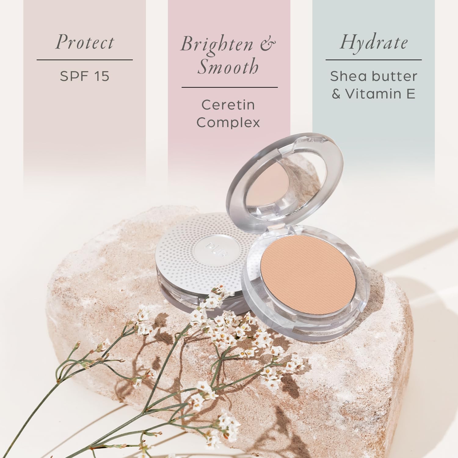 PÜR MINERALS SPF 15 label on compact packaging.