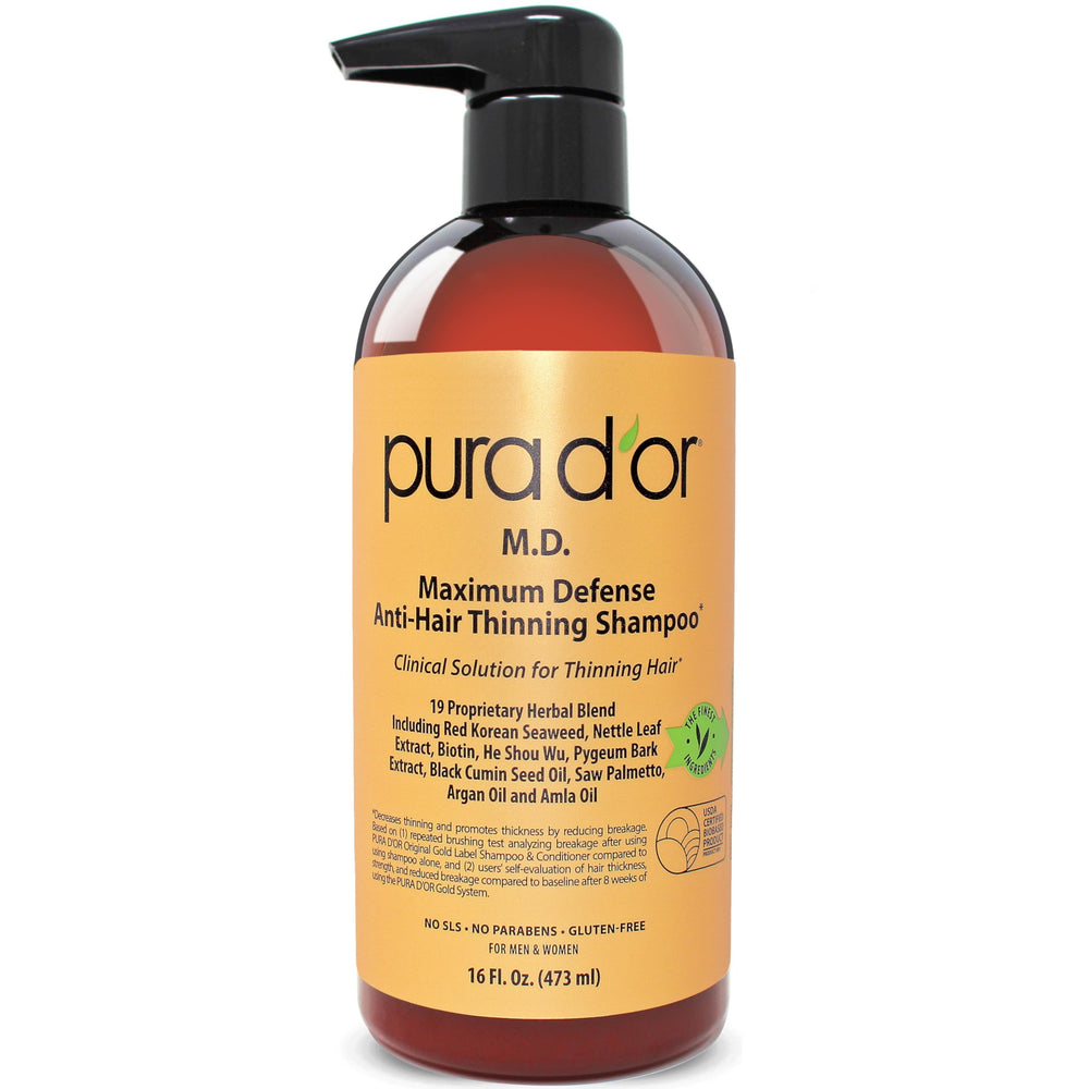 PURA D'OR 16oz bottle displaying maximum defense formula for thicker-looking hair