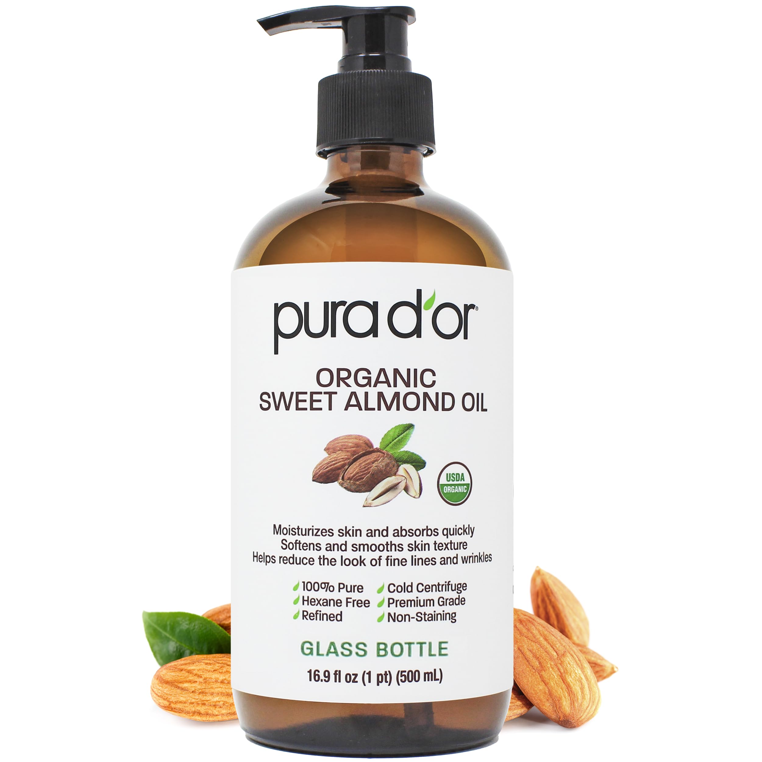 Aceite de almendras orgánico PURA D'OR en envase de vidrio para piel suave y nutrida.