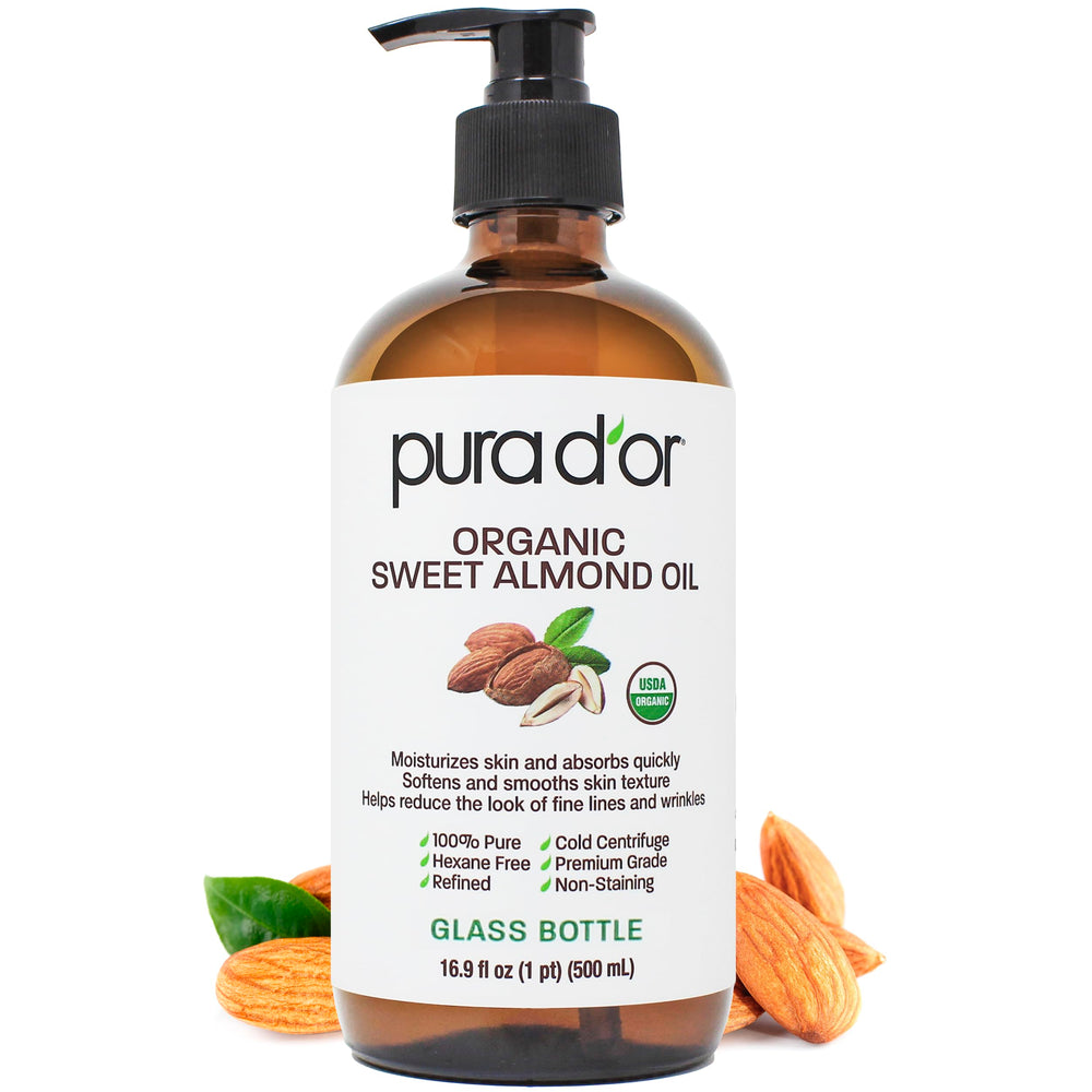 Aceite de almendras orgánico PURA D'OR en envase de vidrio para piel suave y nutrida.