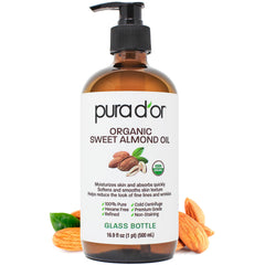 Aceite de almendras orgánico PURA D'OR en envase de vidrio para piel suave y nutrida.