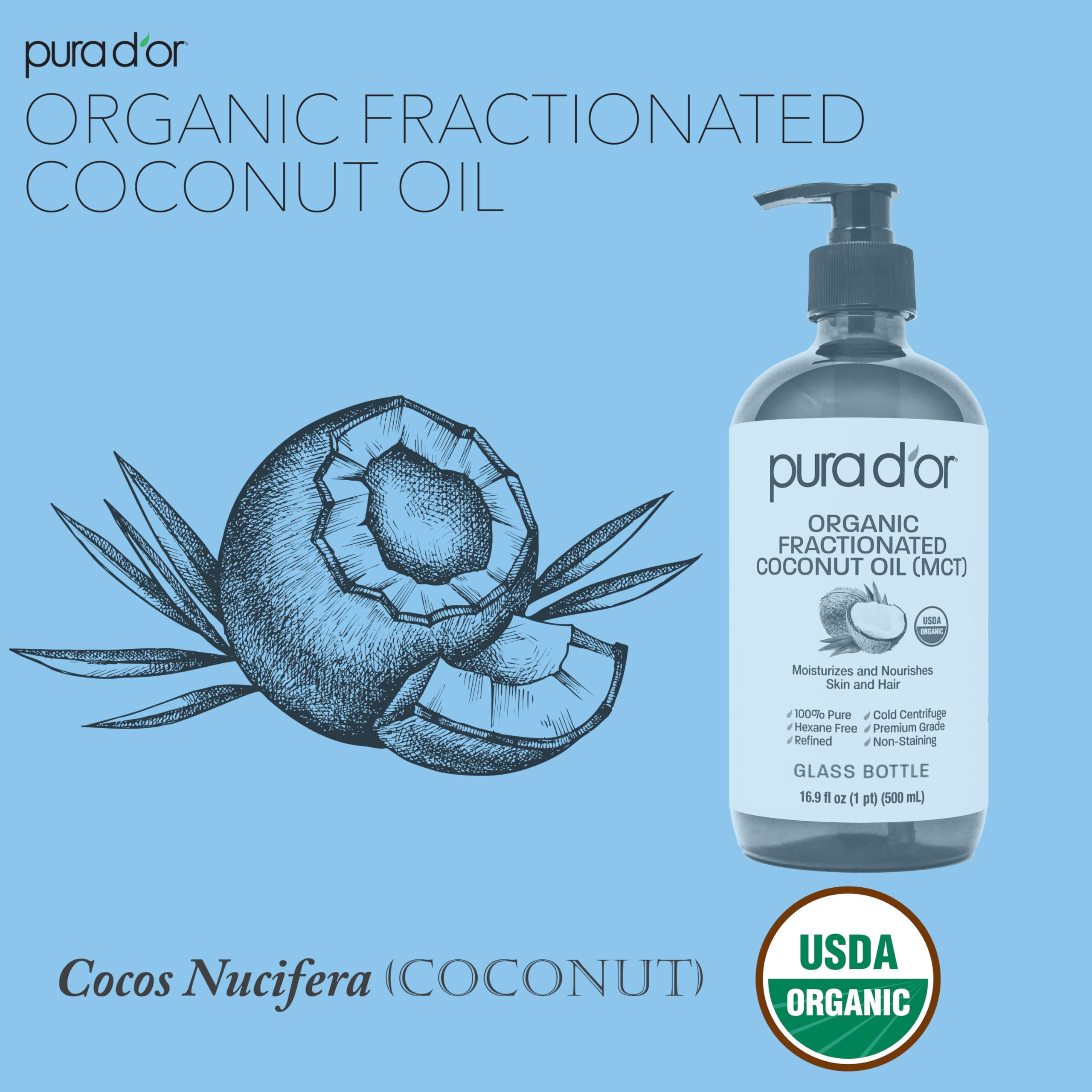 PURA D'OR Aceite de coco fraccionado sin hexano para diluir aceites esenciales.