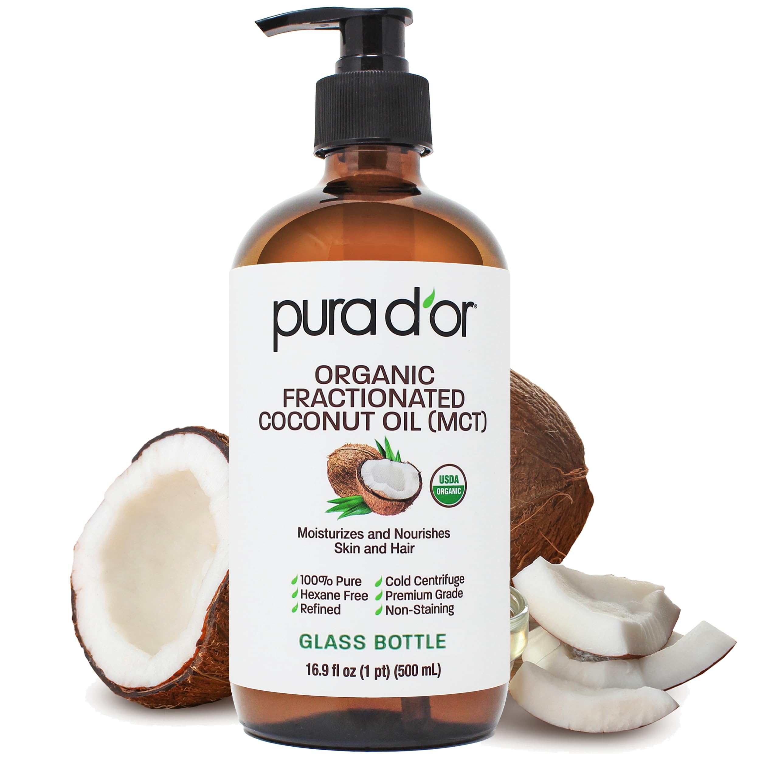PURA D'OR Aceite de coco fraccionado en botella de cristal, hidratación suave para piel.