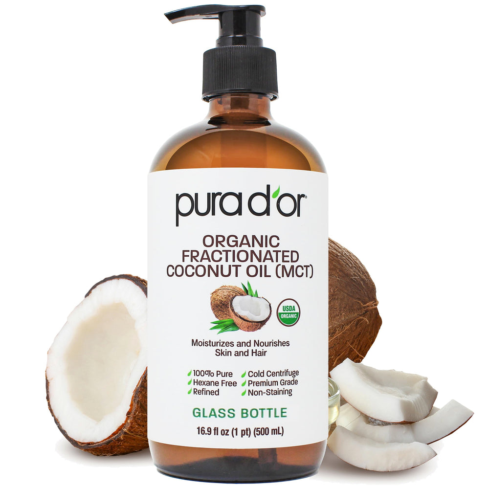 PURA D'OR Aceite de coco fraccionado en botella de cristal, hidratación suave para piel.