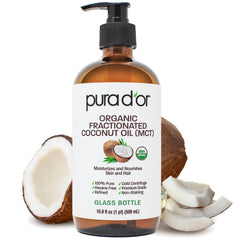 PURA D'OR Aceite de coco fraccionado en botella de cristal, hidratación suave para piel.