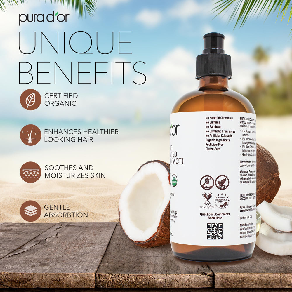 PURA D'OR Aceite fraccionado de coco, textura ligera que se absorbe rápido para rostro.
