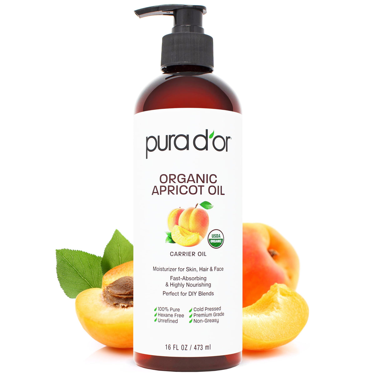 PURA D'OR Aceite de albaricoque orgánico: botella lista para hidratación suave.