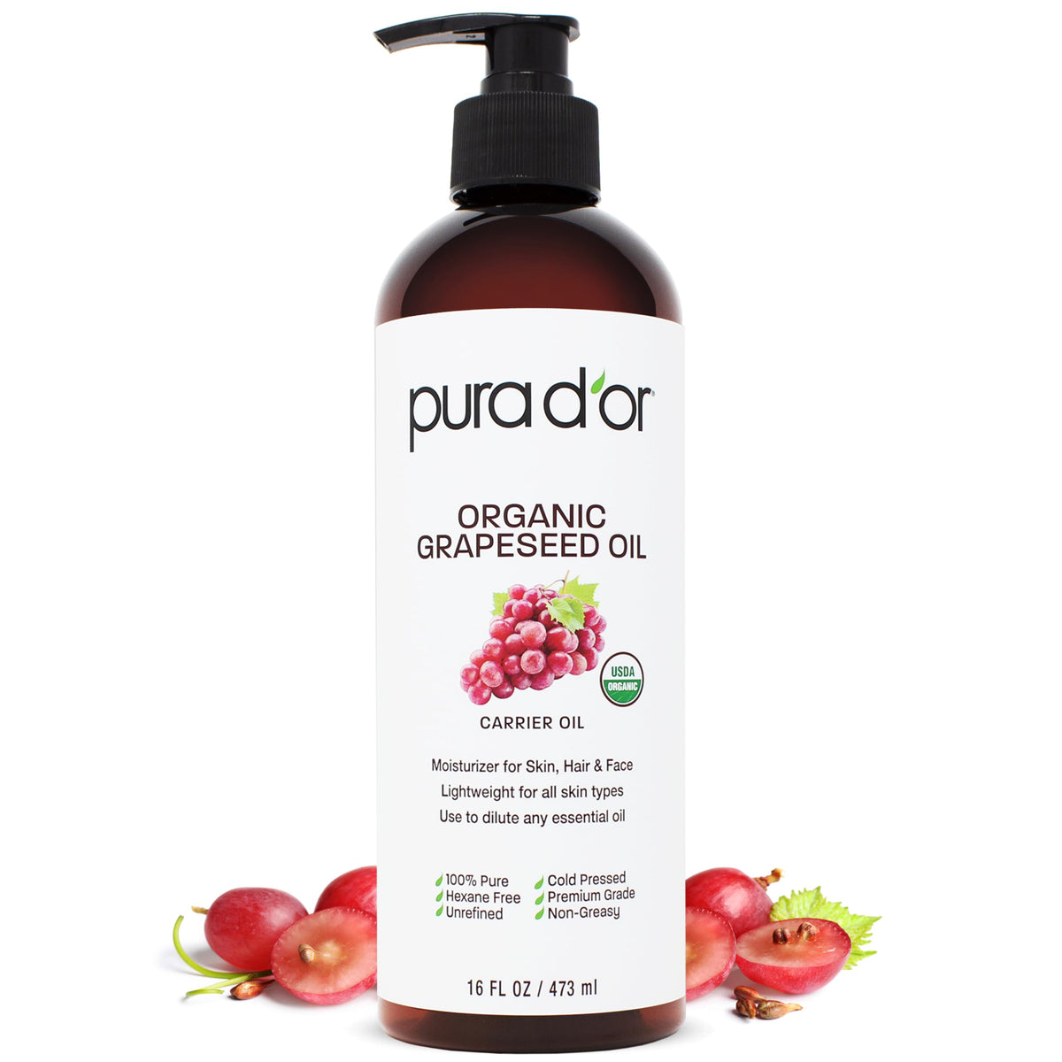 PURA D'OR Aceite de semilla de uva, bote orgánico para cuidado facial.