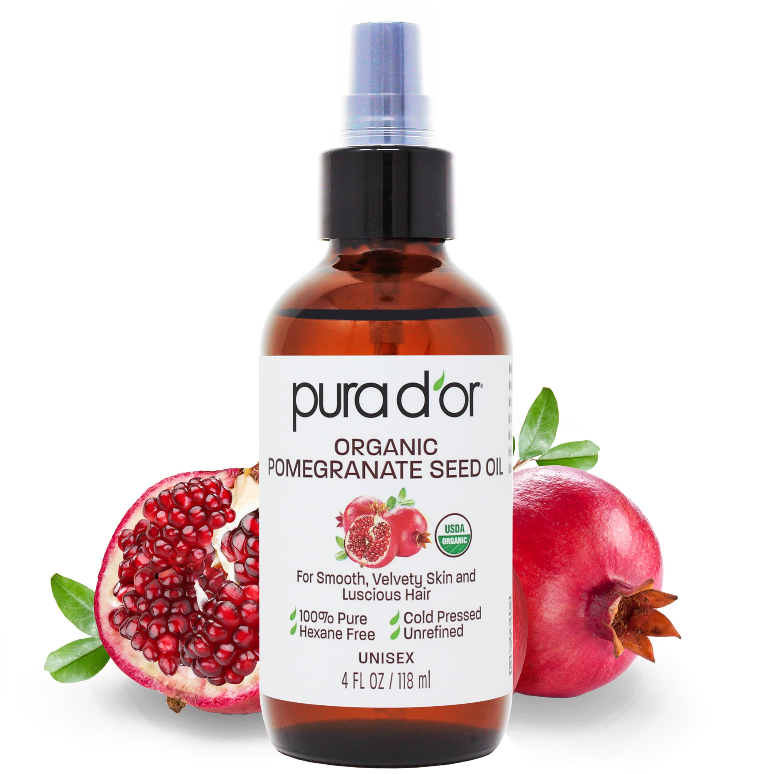 PURA D'OR Aceite de Granada 4 oz prensado en frío para piel suave y elástica.