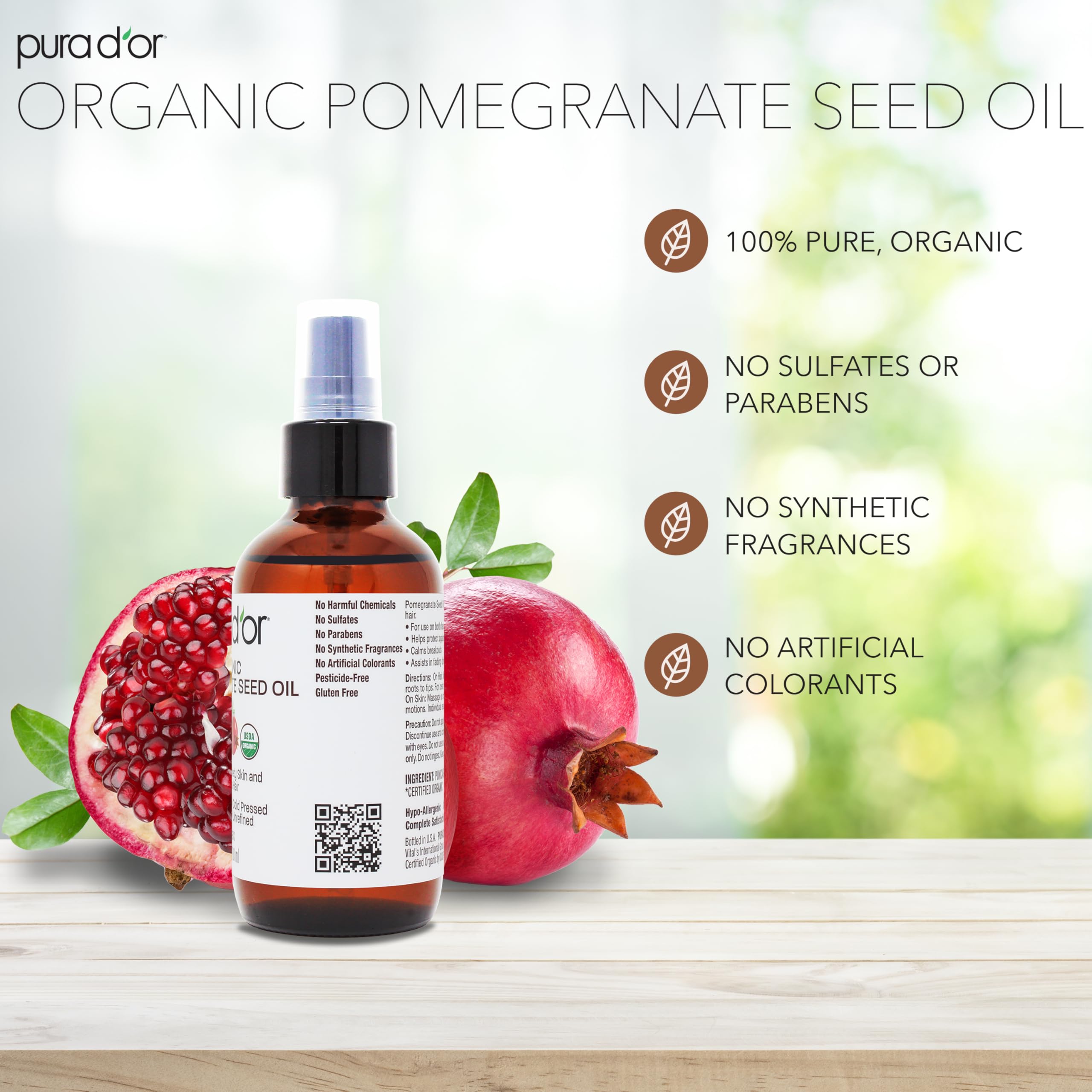 PURA D'OR Aceite de Granada para el cabello, hidratante ligero y de rápida absorción.