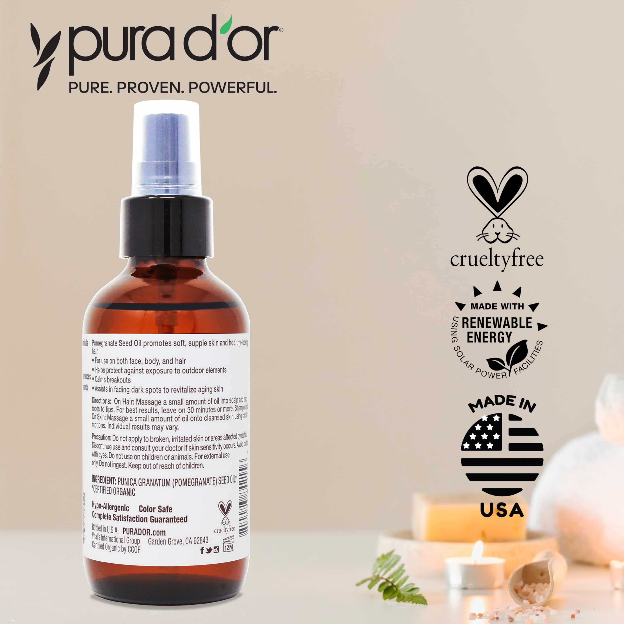 PURA D'OR Aceite de Granada para uso nocturno, ayuda a sellar la humedad.