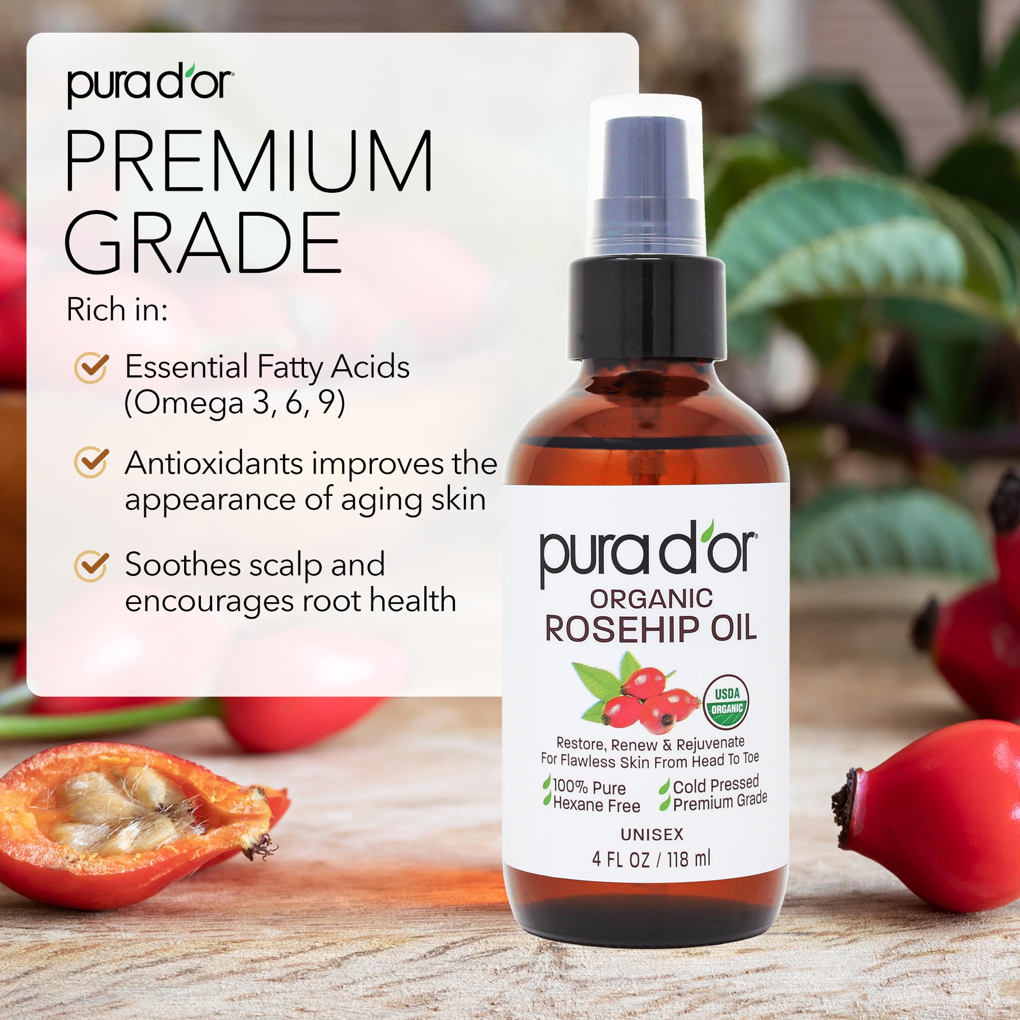 PURA D'OR Aplicación facial con aceite de rosa mosqueta para piel radiante