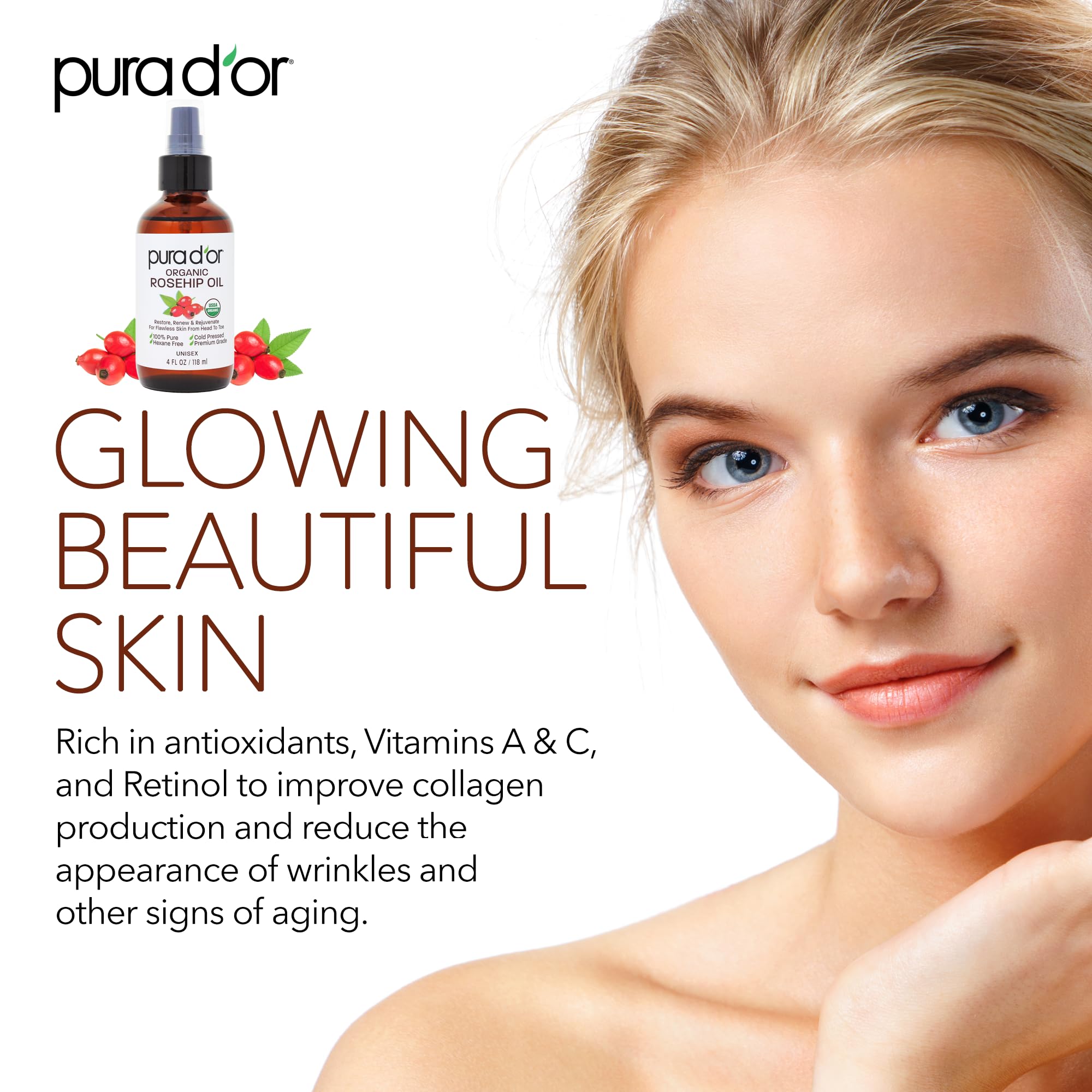 PURA D'OR Aceite rosa mosqueta para cabello, ayuda a controlar el encrespamiento