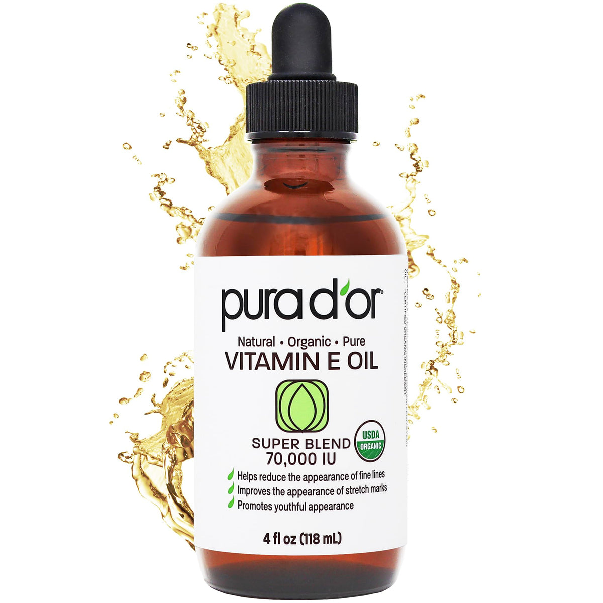 PURA D'OR Aceite de Vitamina E en botella ámbar para hidratación de la piel.