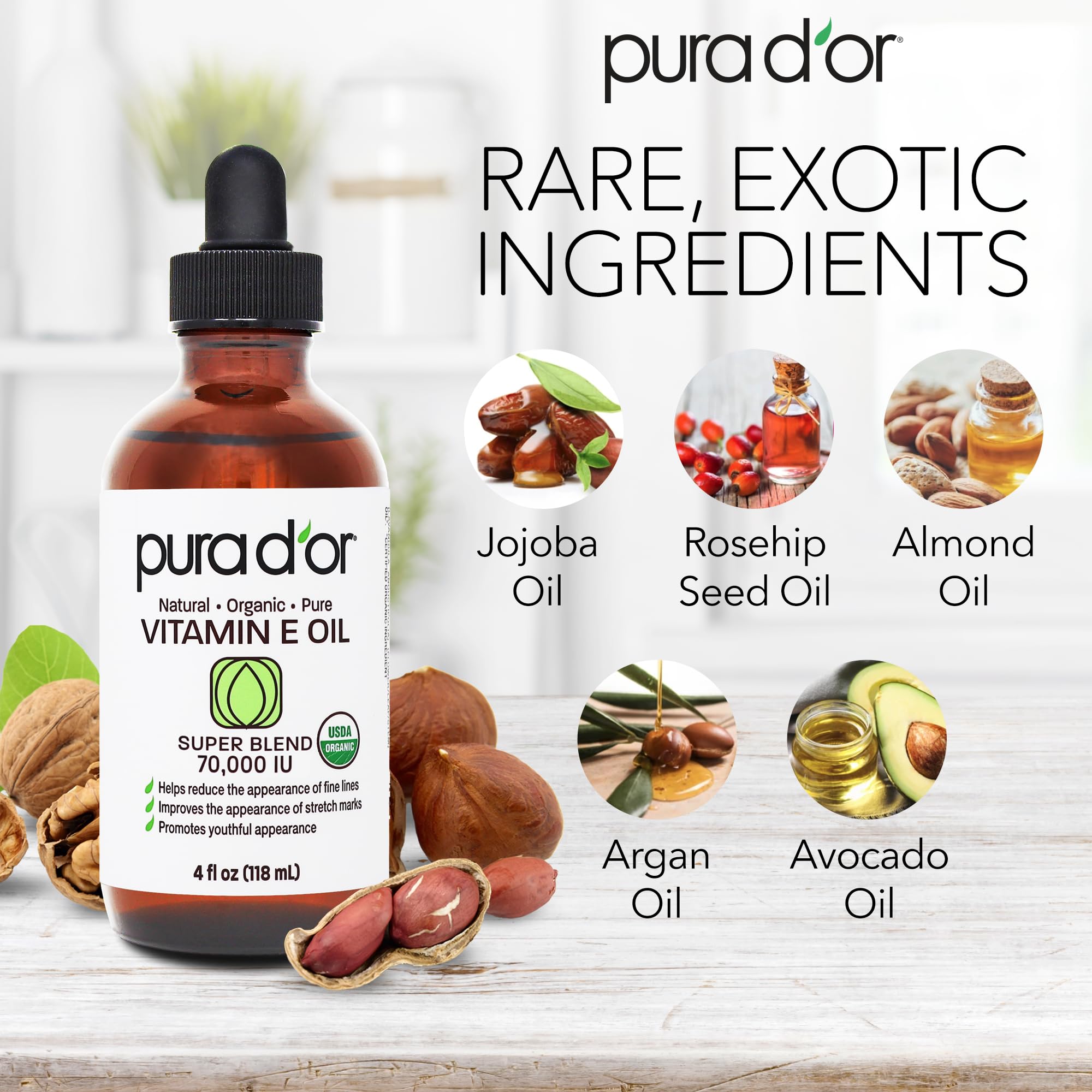 PURA D'OR Aceite de Vitamina E, cuidado del cabello suave y brillante.