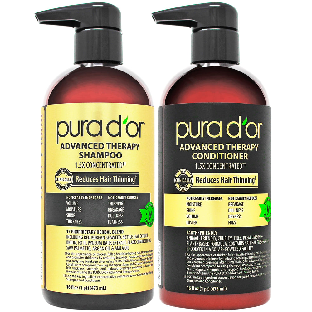 PURA D'OR Advanced Therapy Biotin Shampoo bottle showing volume‑boosting formula for thicker look