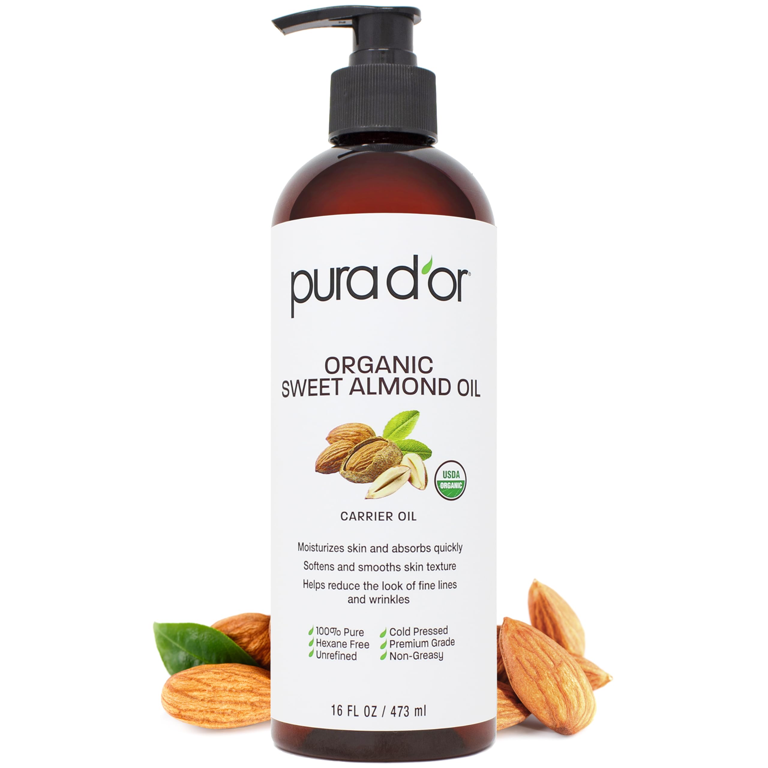 PURA D'OR aceite de almendra dulce orgánico en botella para uso diario en piel