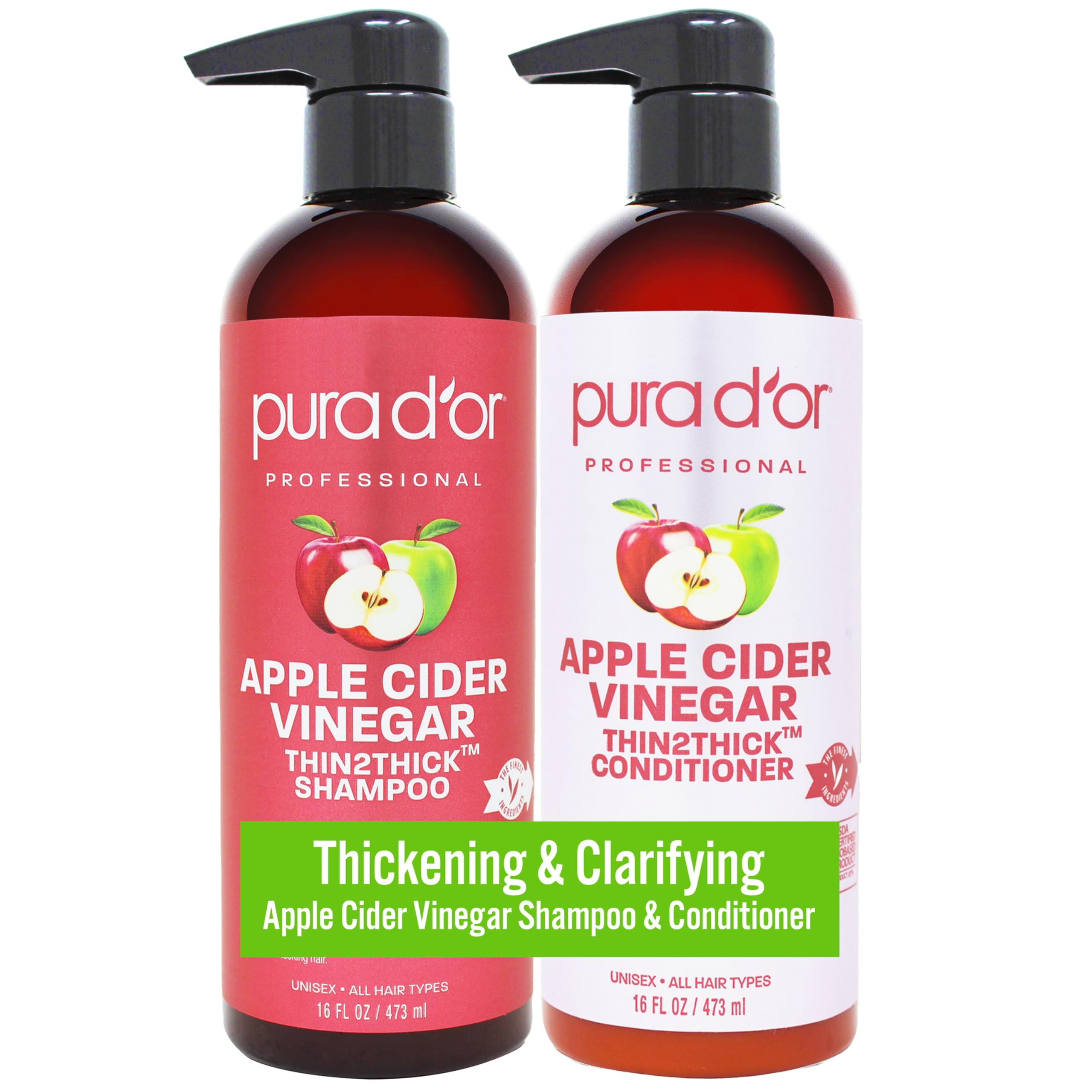 PURA D'OR Apple Cider Vinegar shampoo bottle highlights gentle clarifying cleanse for all hair types.