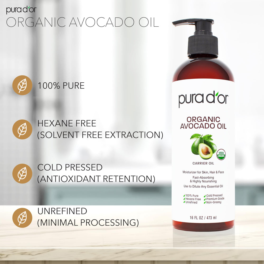 PURA D'OR Avocado Oil bottle close-up highlighting organic, cold pressed formula
