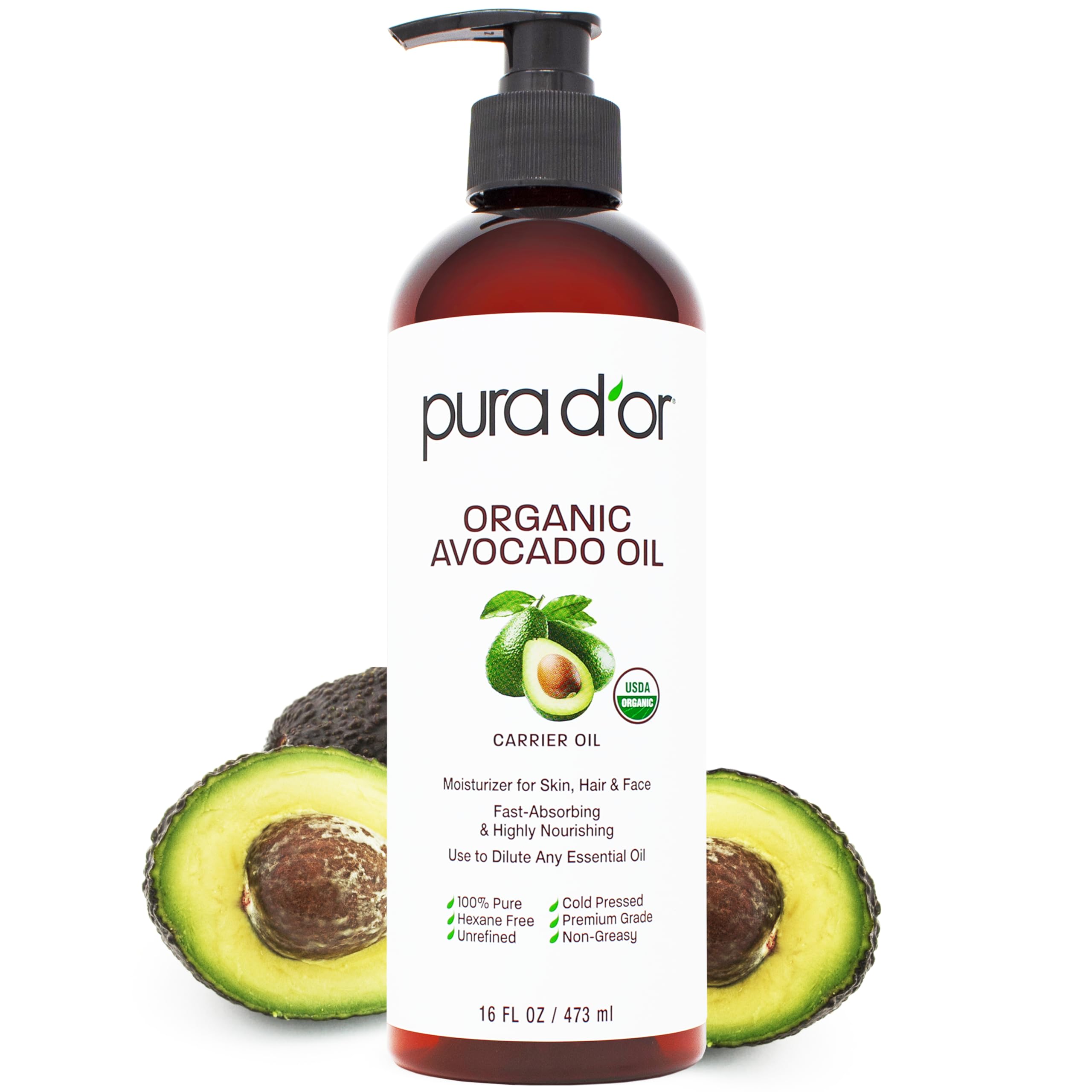 PURA D'OR Avocado Oil bottle being poured for skin and hair care