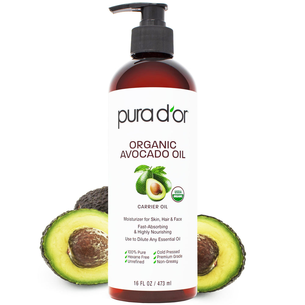 PURA D'OR Avocado Oil bottle being poured for skin and hair care