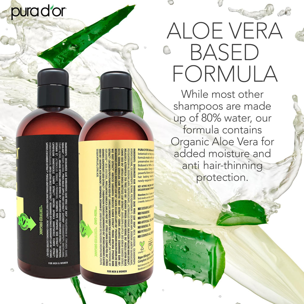 PURA D'OR set on bathroom shelf highlighting daily use for thinning hair