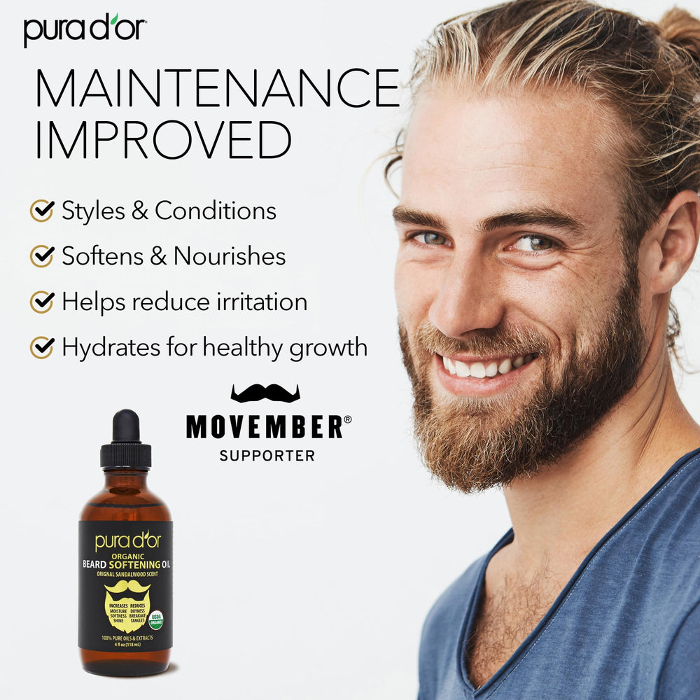 PURA D'OR beard oil original sandalwood label highlighting premium ingredients.