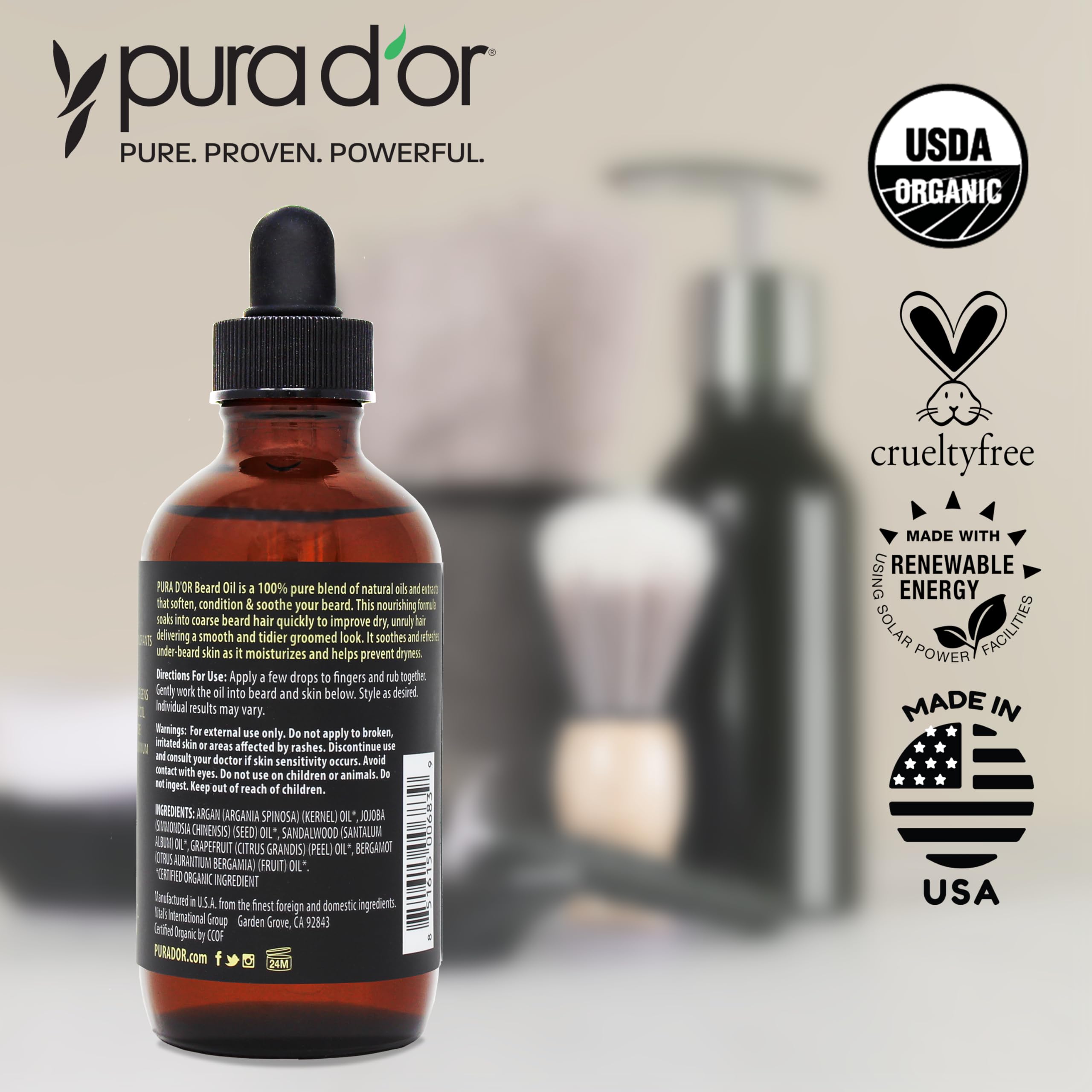 PURA D'OR skin and beard benefits with vitamin E and dryness prevention.