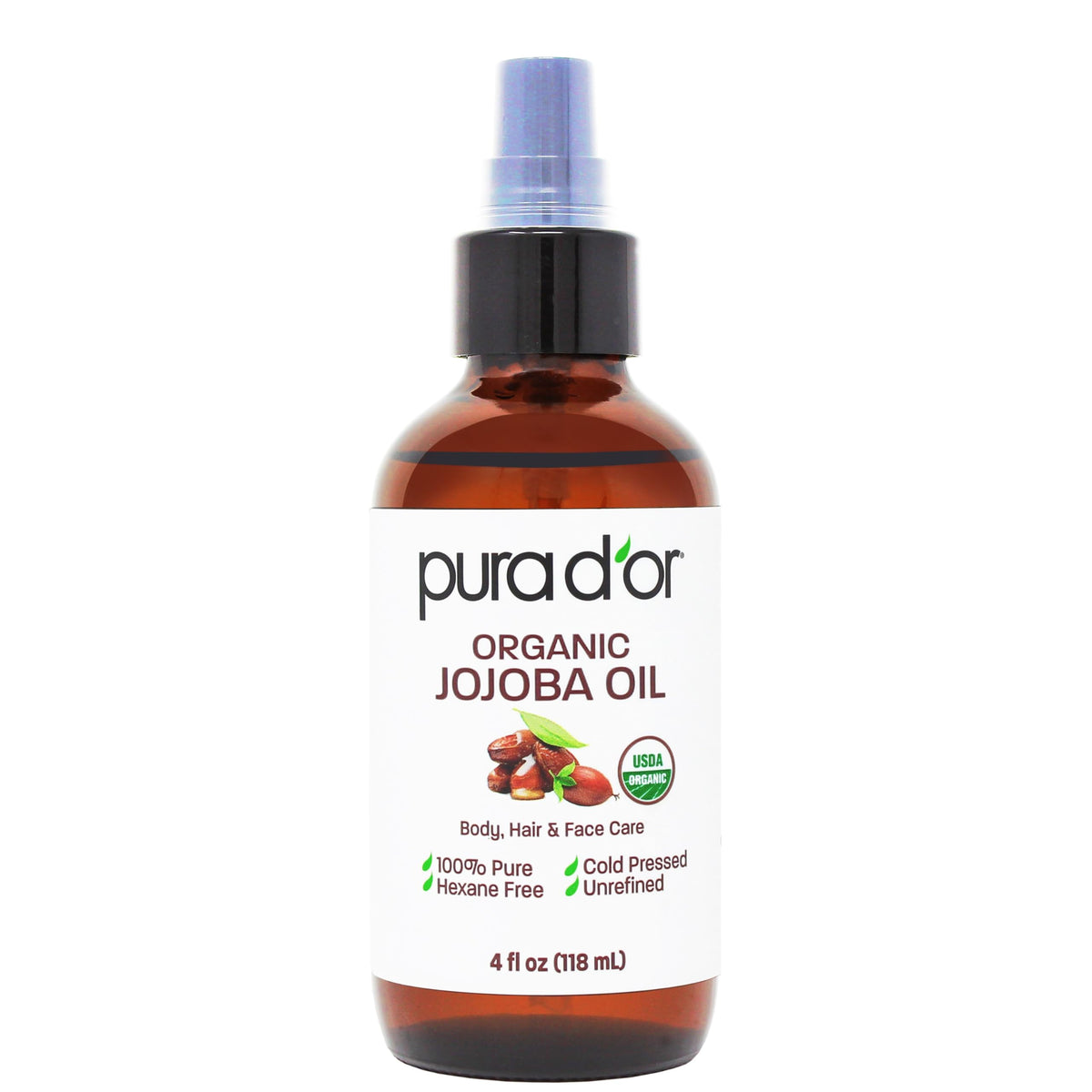 PURA D'OR Aceite de jojoba orgánico en botella, hidratación profunda para piel y cabello.