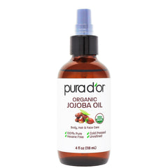 PURA D'OR Aceite de jojoba orgánico en botella, hidratación profunda para piel y cabello.