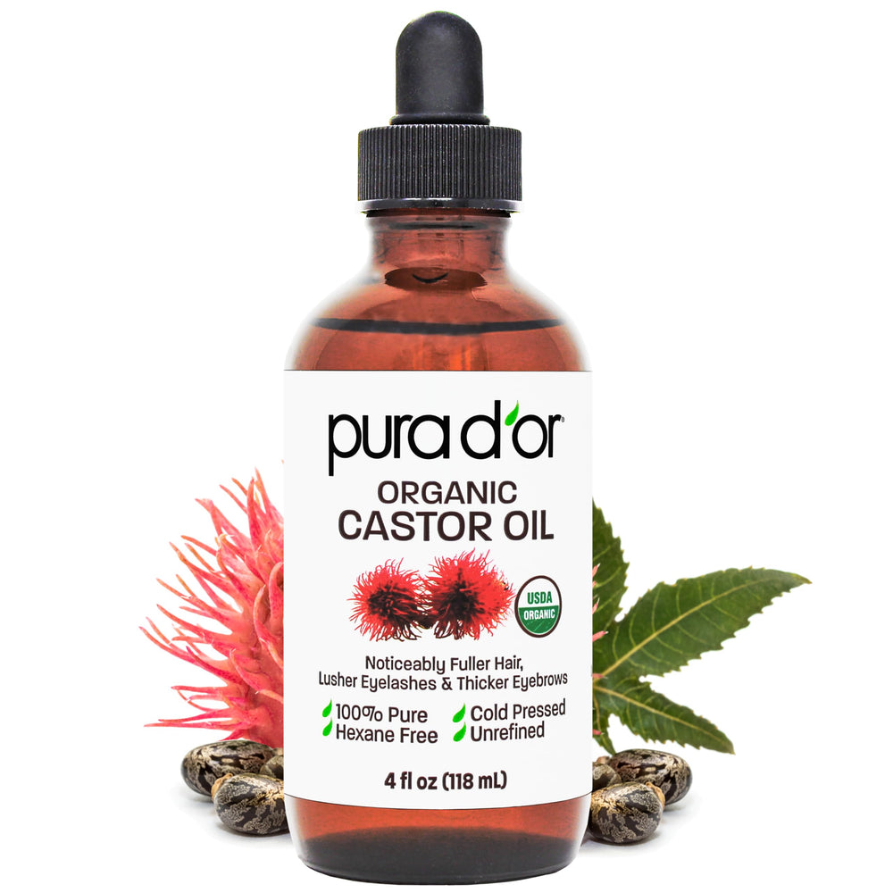 PURA D'OR Aceite de ricino en botella con etiqueta, hidratación suave para piel y cabello.