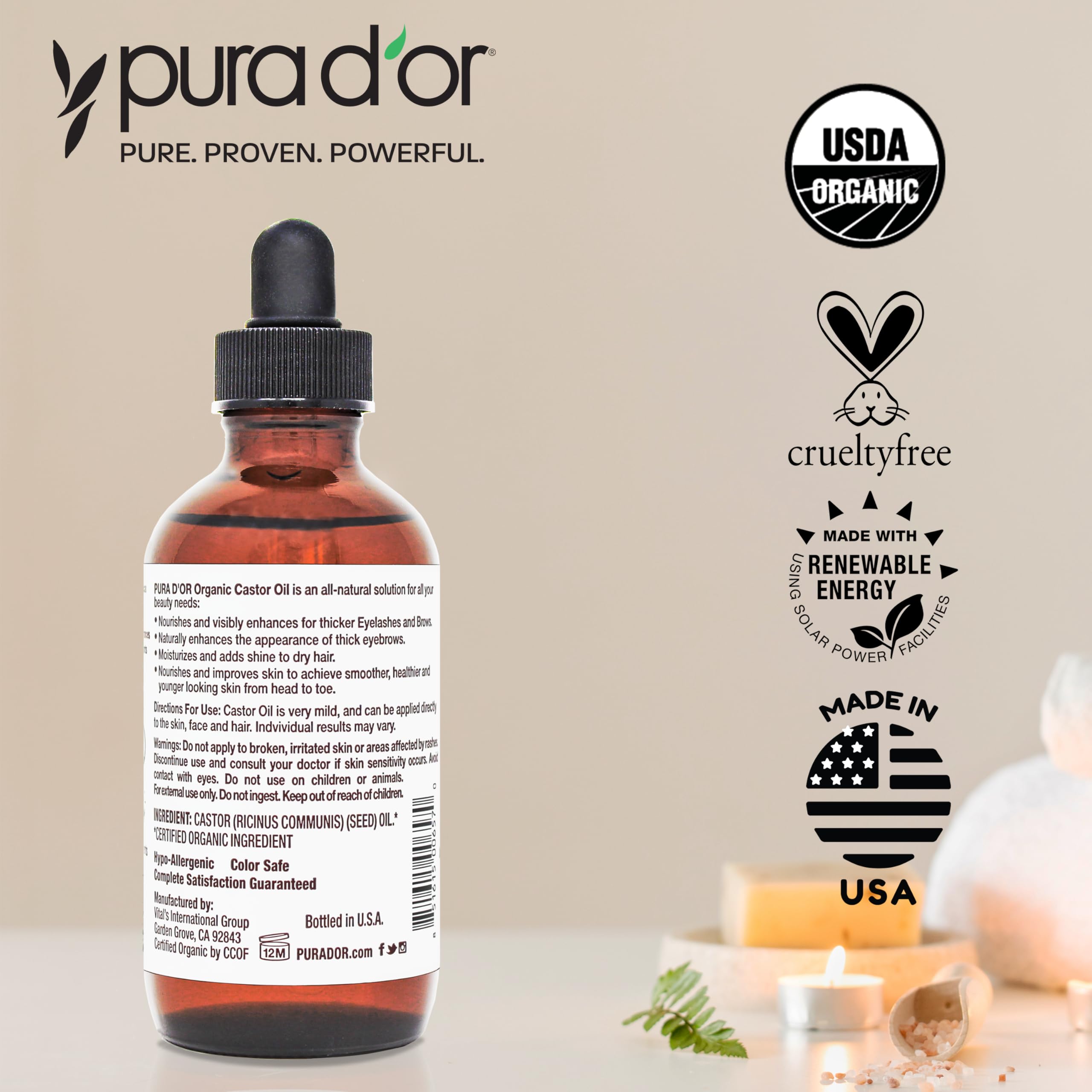 PURA D'OR Aceite de ricino para rostro y cuerpo, humecta suavemente.