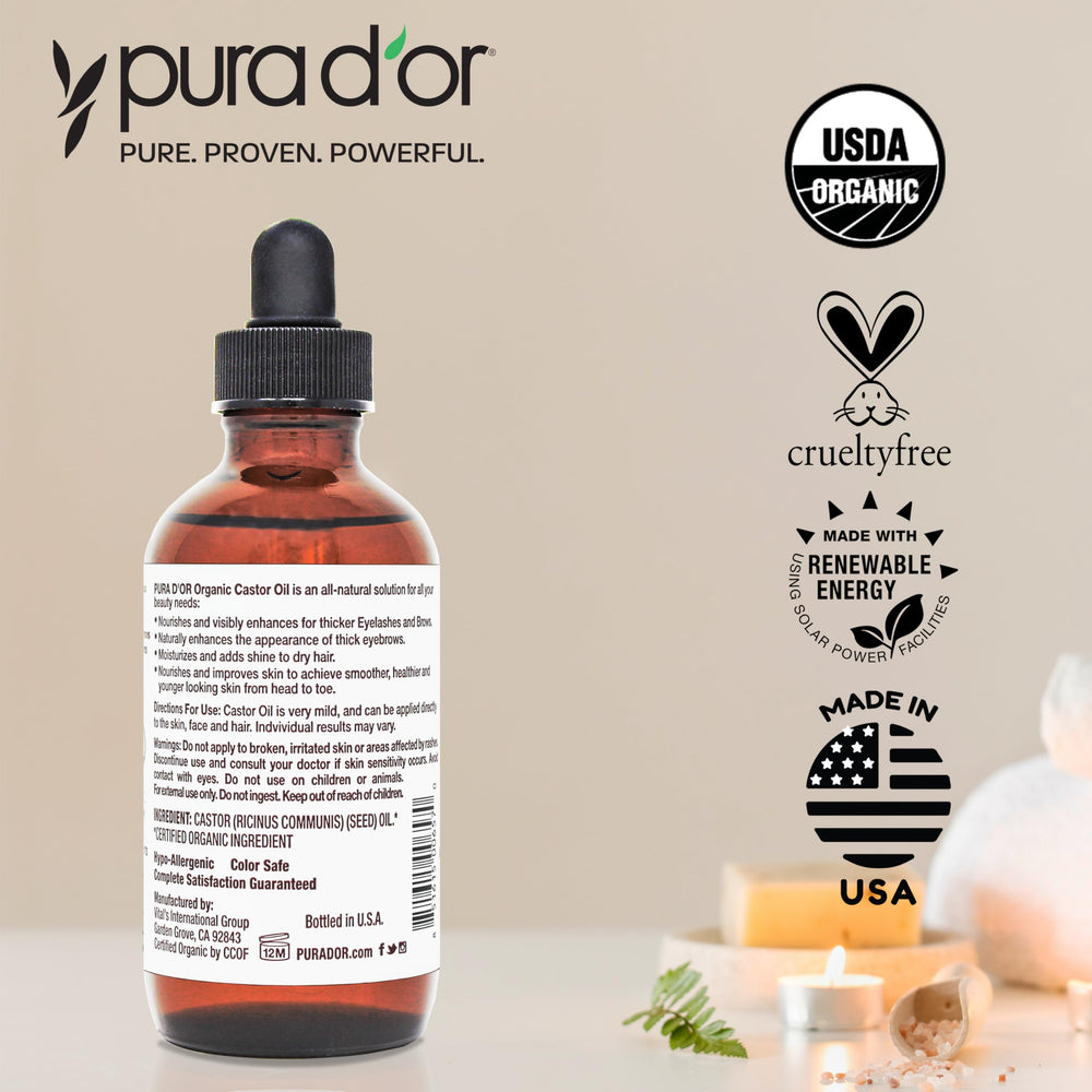 PURA D'OR Aceite de ricino para rostro y cuerpo, humecta suavemente.