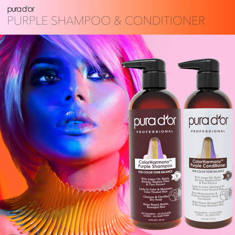 PURA D'OR Color Harmony purple shampoo bottle with keratin for damaged bleached hair.