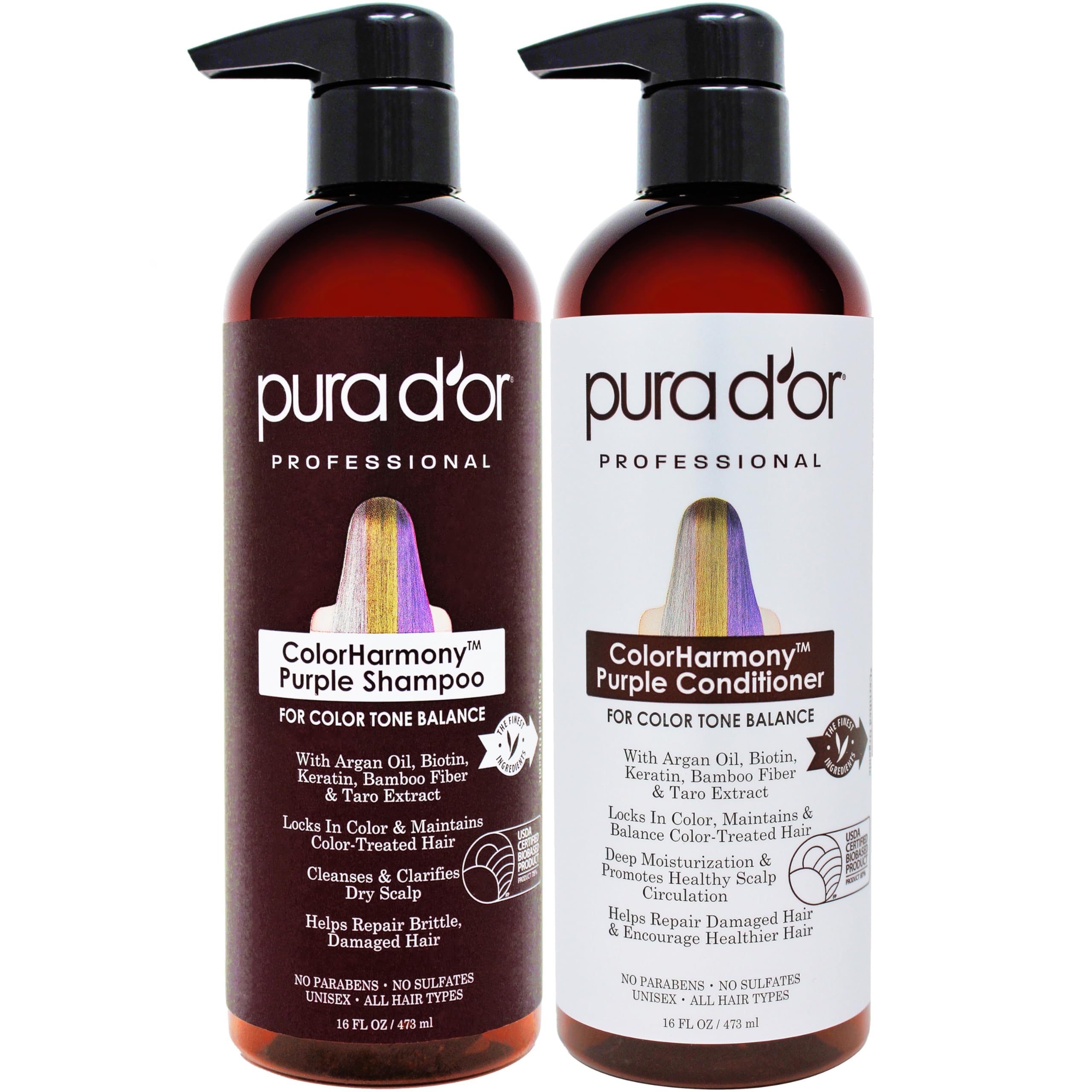 PURA D'OR Color Harmony purple shampoo bottle tones blonde and silver hair.