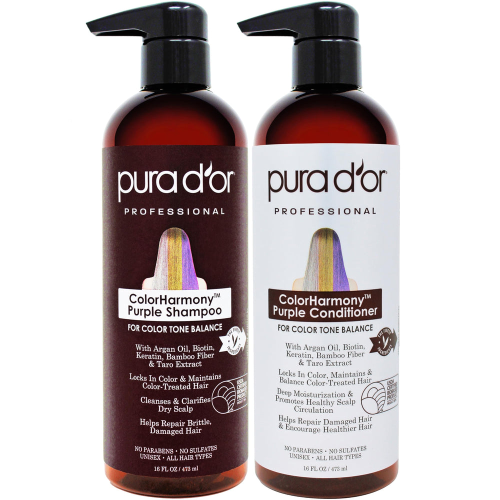 PURA D'OR Color Harmony purple shampoo bottle tones blonde and silver hair.