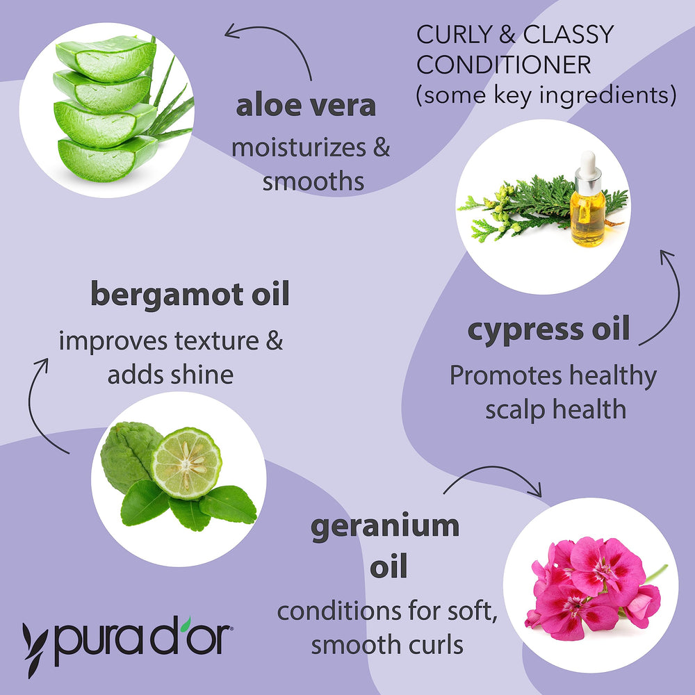 PURA D'OR Curly & Classy oils blend close-up with argan, castor, and coconut for moisture and shine.
