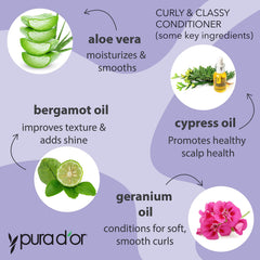 PURA D'OR Curly & Classy oils blend close-up with argan, castor, and coconut for moisture and shine.