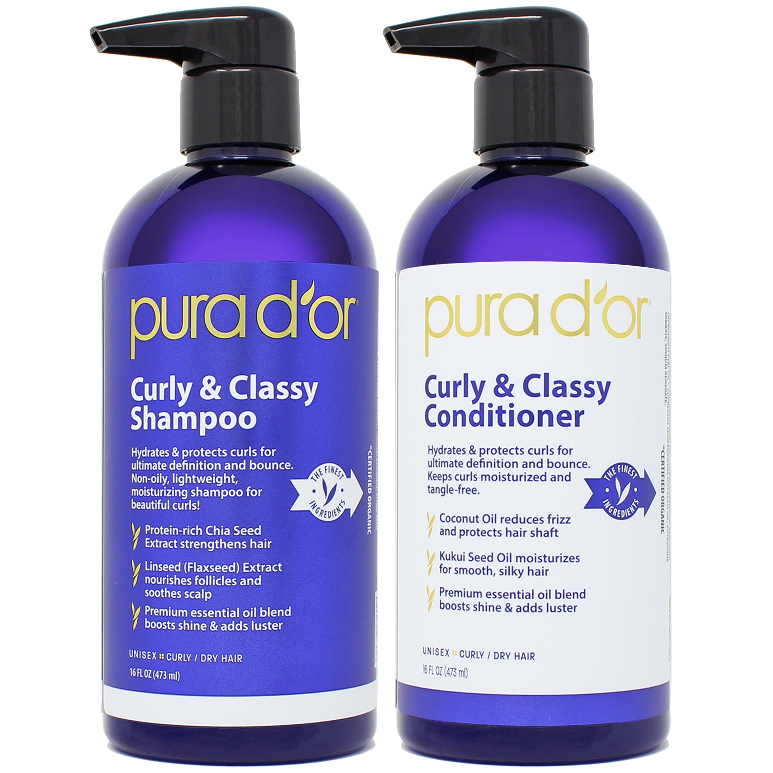 PURA D'OR Curly & Classy Shampoo bottle pour for defined curls and easy cleansing.
