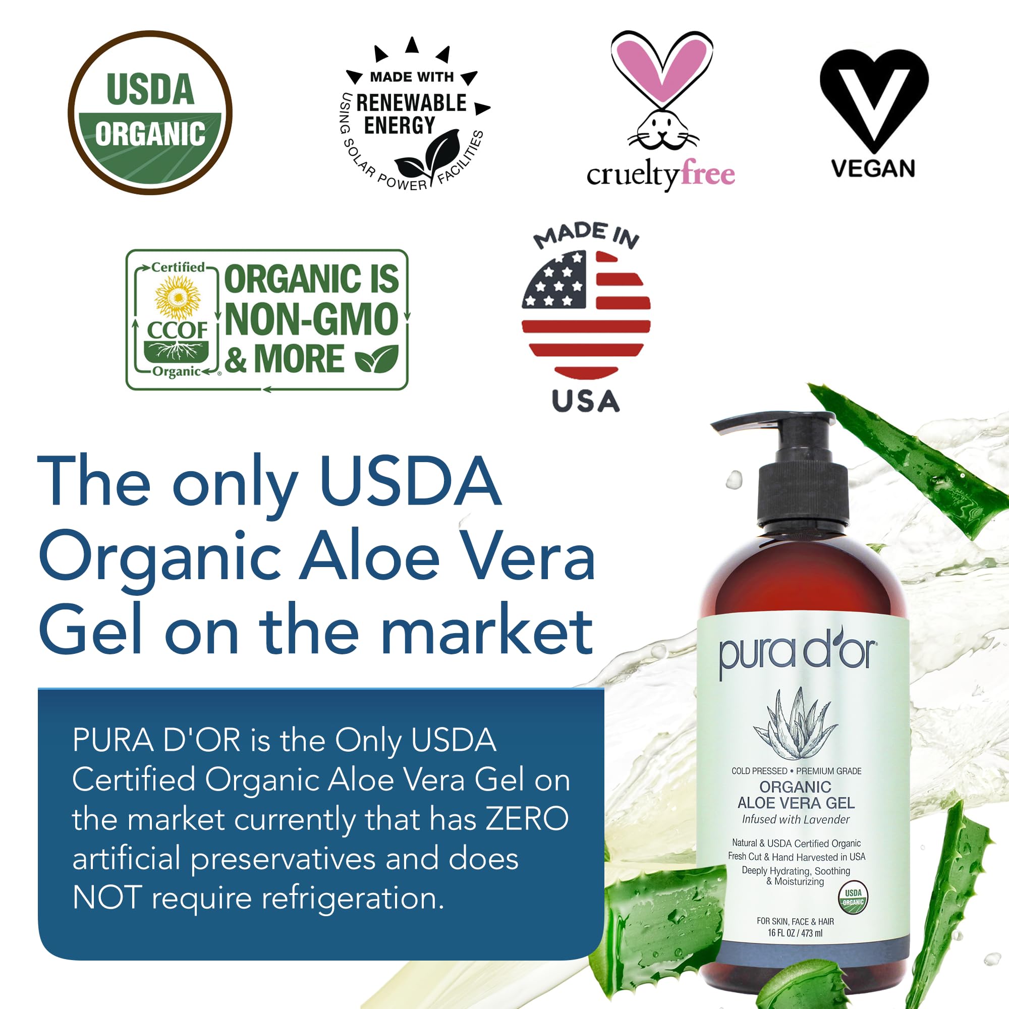 PURA D'OR Aloe Vera Gel, aplicación suave para piel sensible.