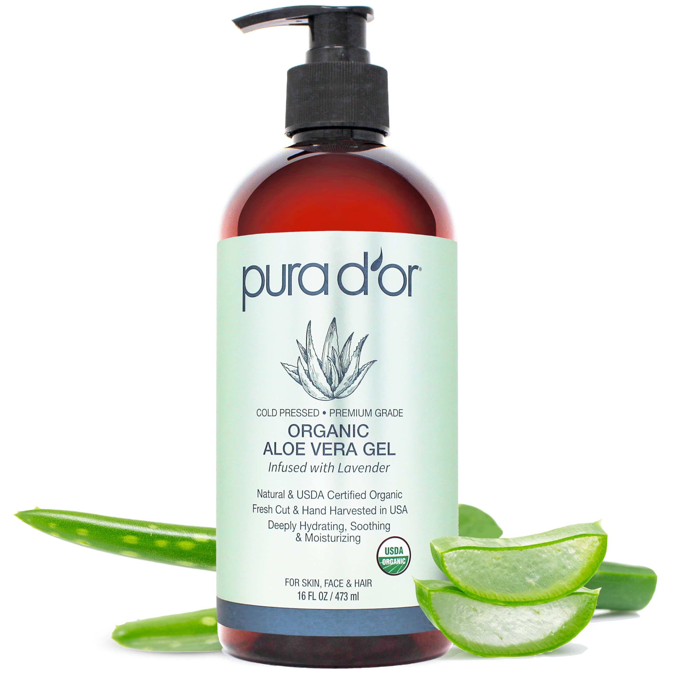 PURA D'OR Aloe Vera Gel Orgánico con Lavanda en botella, hidratación diaria.