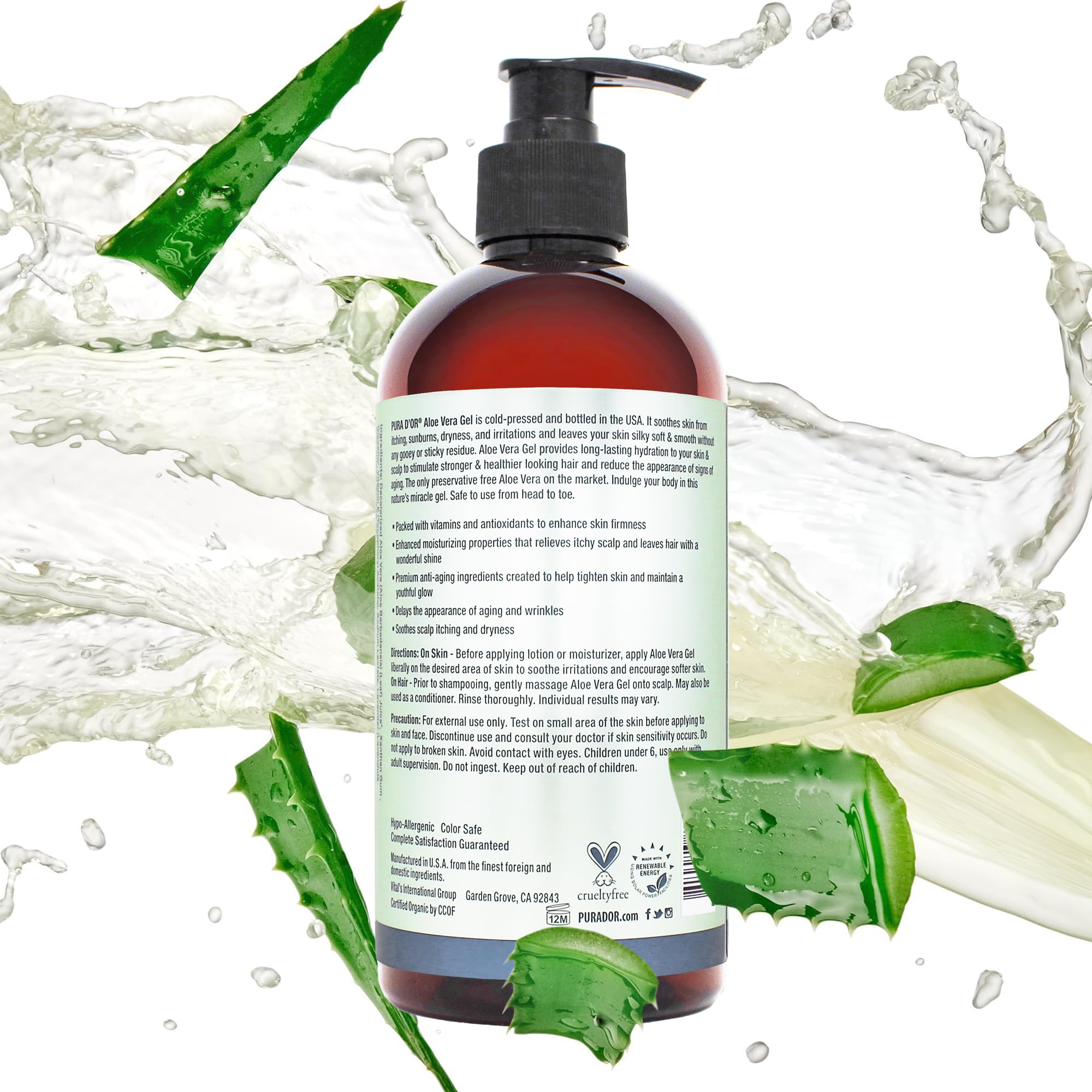 PURA D'OR Gel de Aloe Orgánico, hidrata cabello y piel.