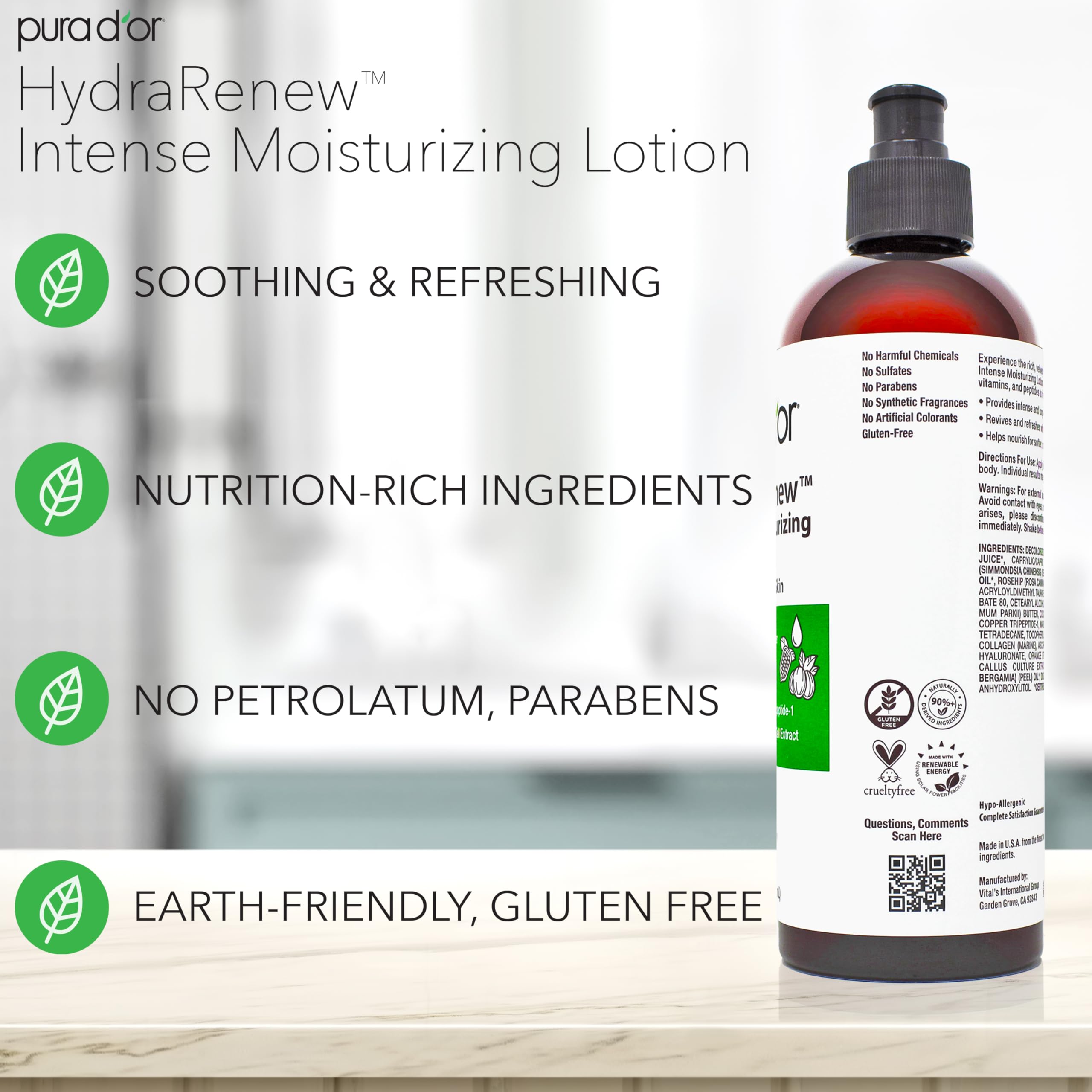 PURA D'OR HydraRenew fórmula limpia: libre de sulfatos y fragancias.