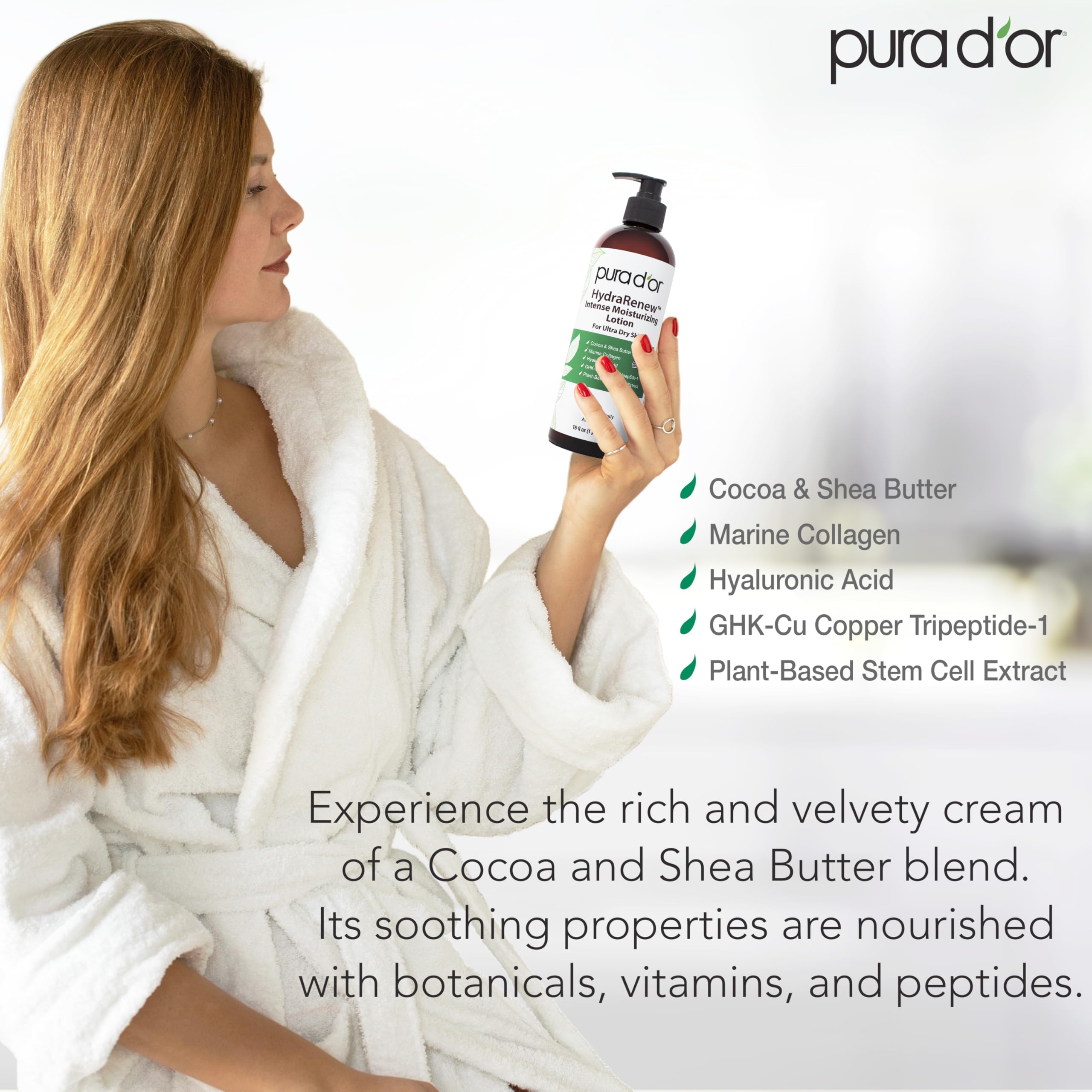PURA D'OR HydraRenew ingredientes botánicos: manteca de karité y cacao para nutrir.
