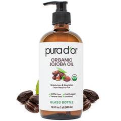 PURA D'OR Jojoba Oil glass bottle close-up for pure skin and hair care