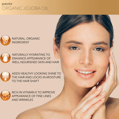 PURA D'OR Jojoba Oil label close-up highlighting organic hexane-free formula