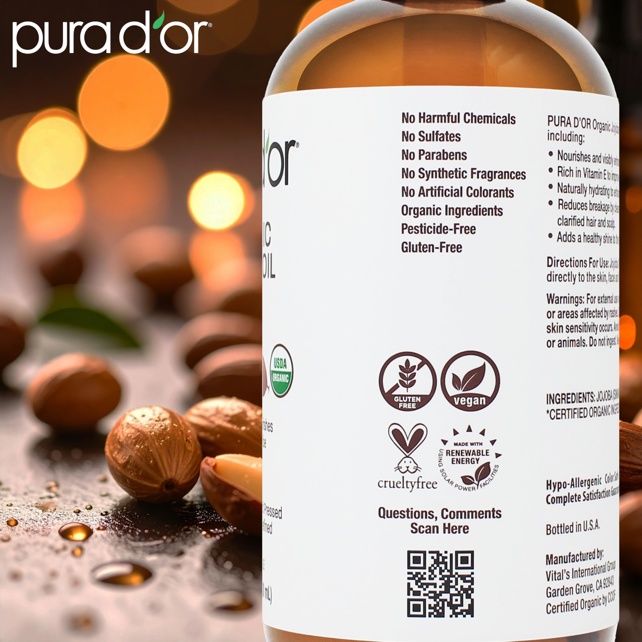 PURA D'OR Jojoba Oil pour action showing quick-absorbing moisture