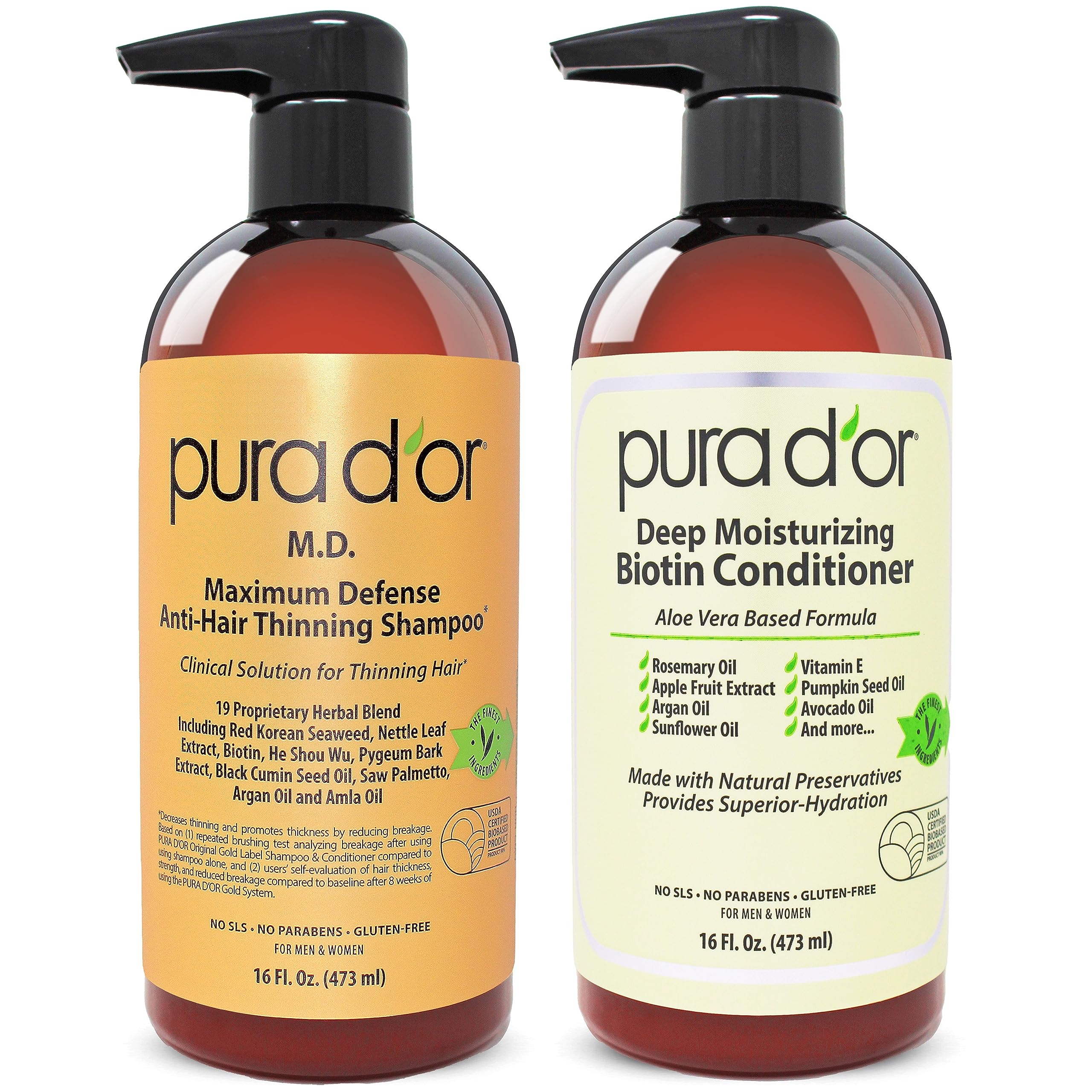 PURA D'OR MD anti-thinning shampoo bottle with biotin blend for fuller look
