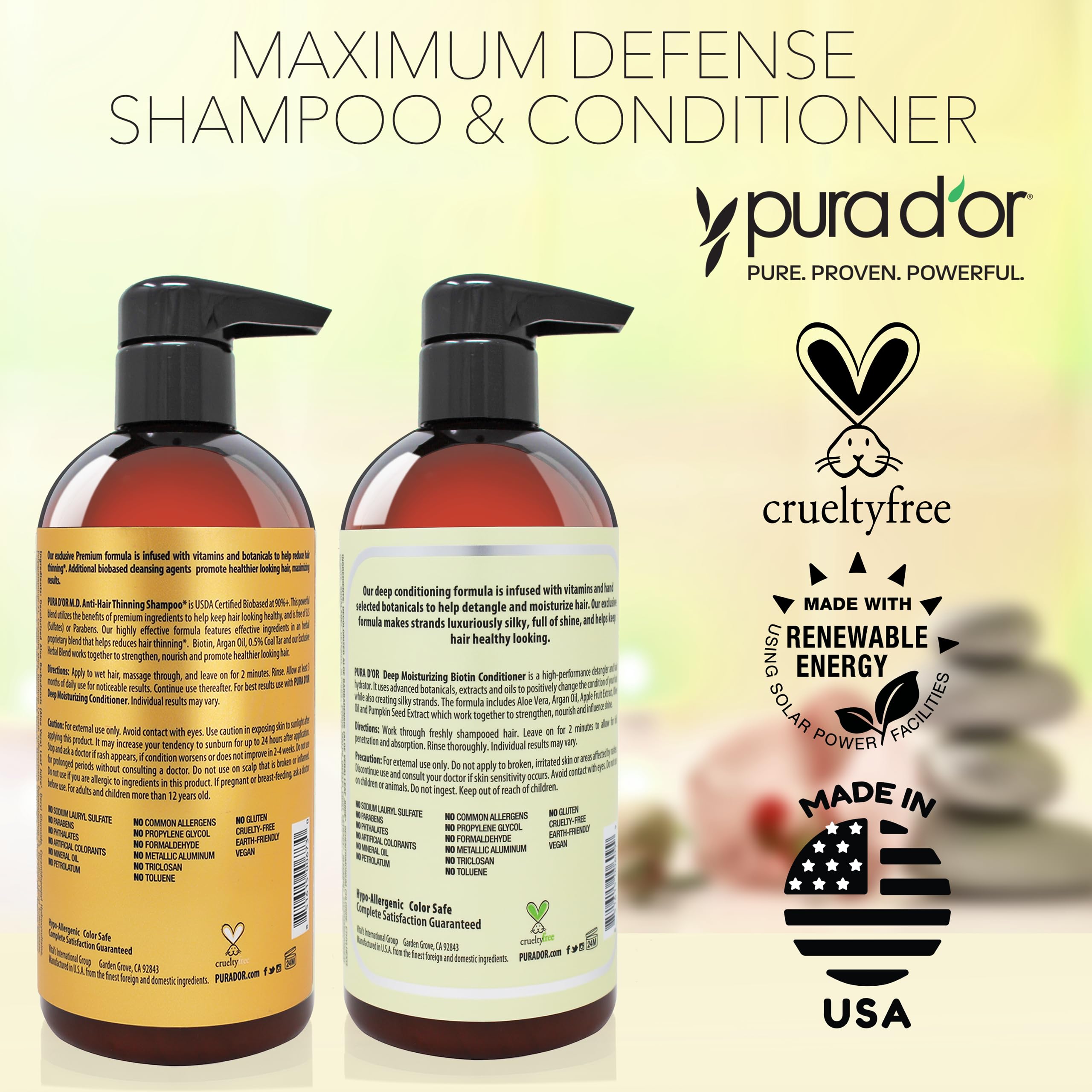 PURA D'OR MD daily-use shampoo and conditioner set for color-safe hair care