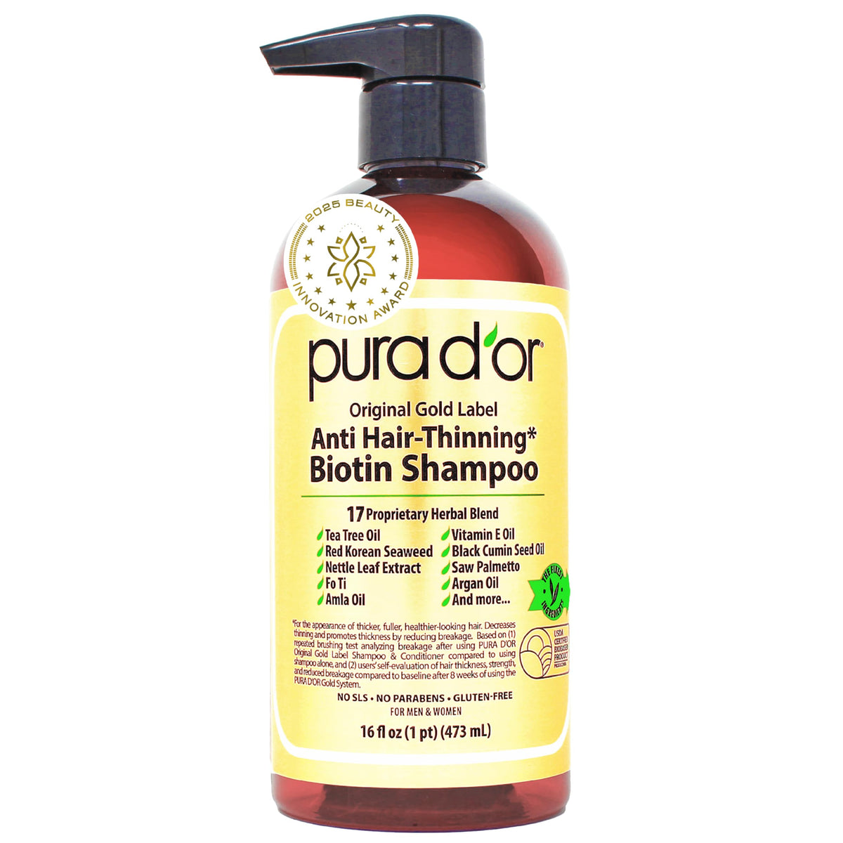 PURA D'OR Original Gold Label bottle shows anti-thinning shampoo for fuller-looking hair.